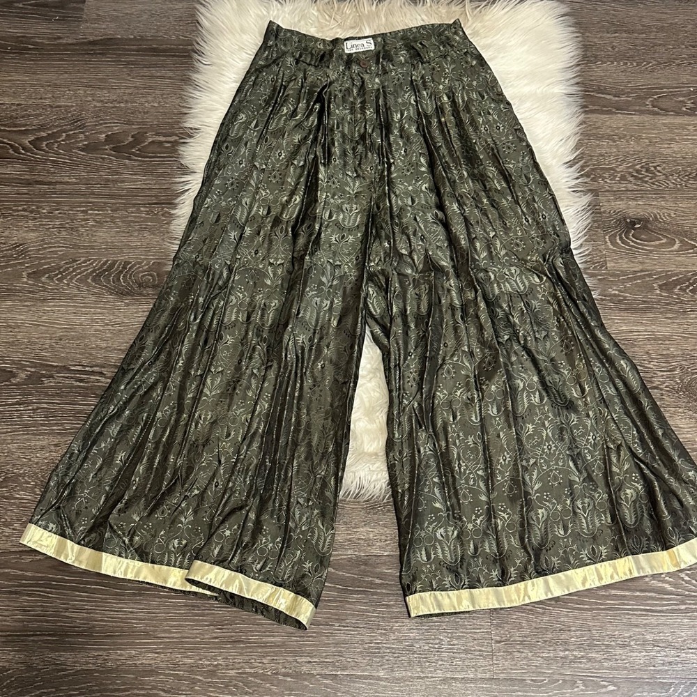 Vintage Ivan Grundahl Sz S/M Wide Leg Palazzo Pants Olive Damask Jacquard Grunge
